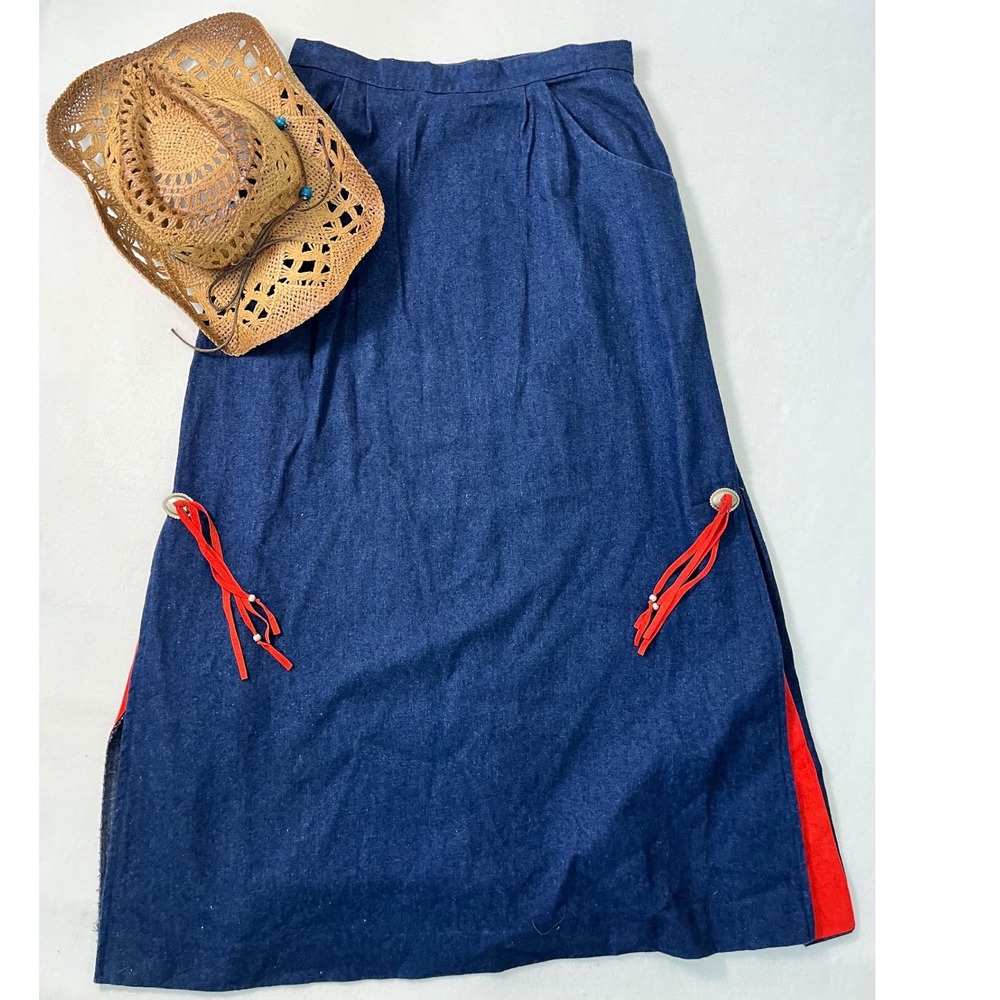 Liz E Parker Texas Made Denim‎ Maxi Skirt Western Boho Coastal Cowgirl Concho 12